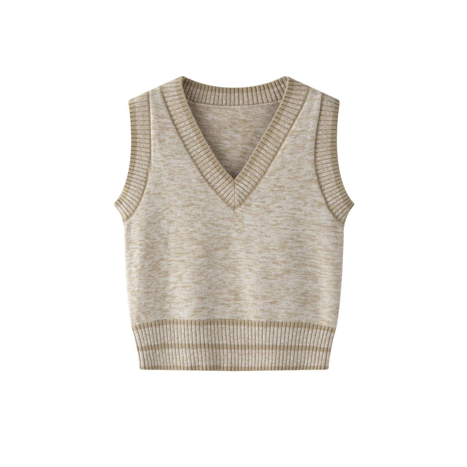 Women's Knit Sleeveless V-Neck Vest with Mélange Structure and Ribbed Hem Chichicherry
