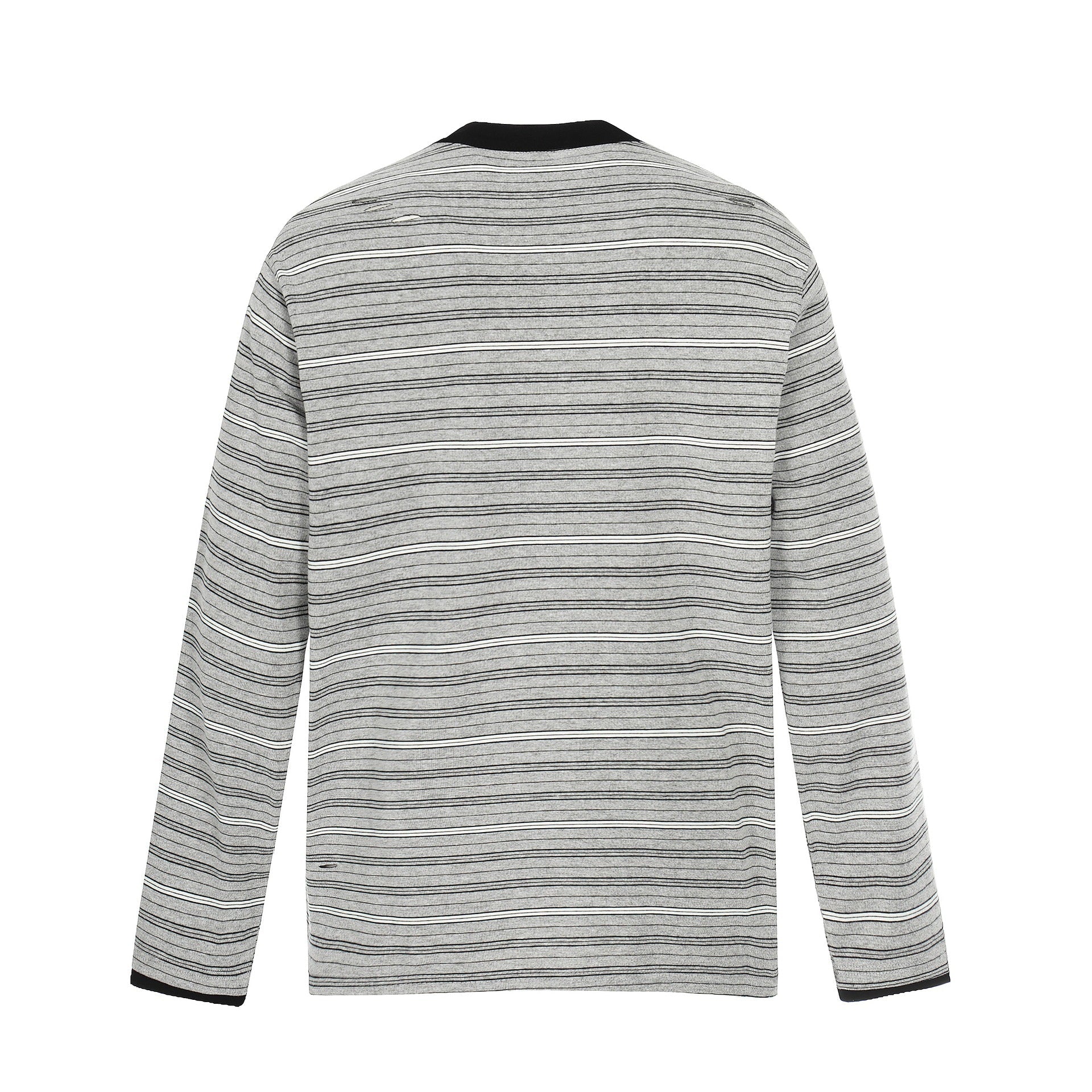 Men's Long Sleeve Henley Shirt with Striped Pattern and Distressed Details Chichicherry