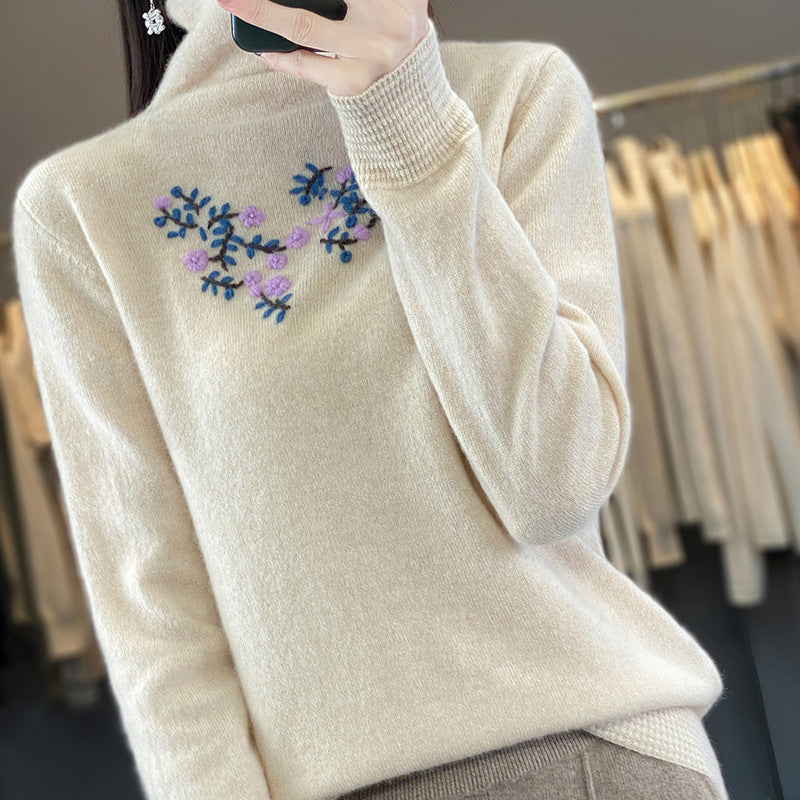 Women's Cashmere-Look Roll Neck Sweater with Delicate Floral Embroidery on the Chest Area Chichicherry