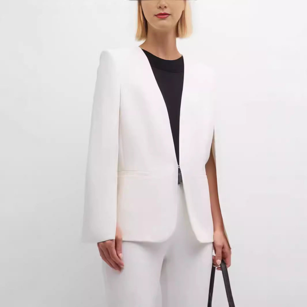Women Elegant Cape Blazer Set with Open Sleeve Slot and Slim Suit Trousers Chichicherry