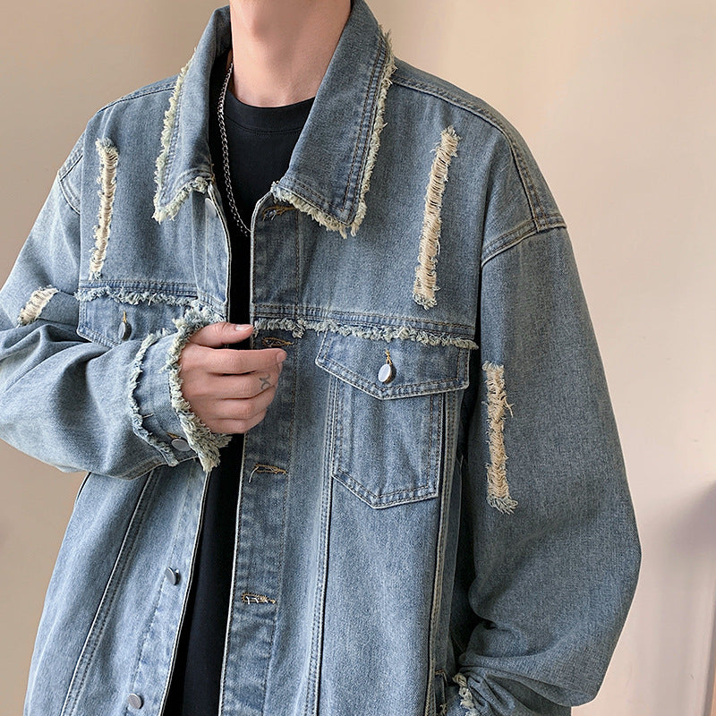 Men's Oversize Denim Jacket with Used Look, Frayed Edges and Snap Buttons Chichicherry