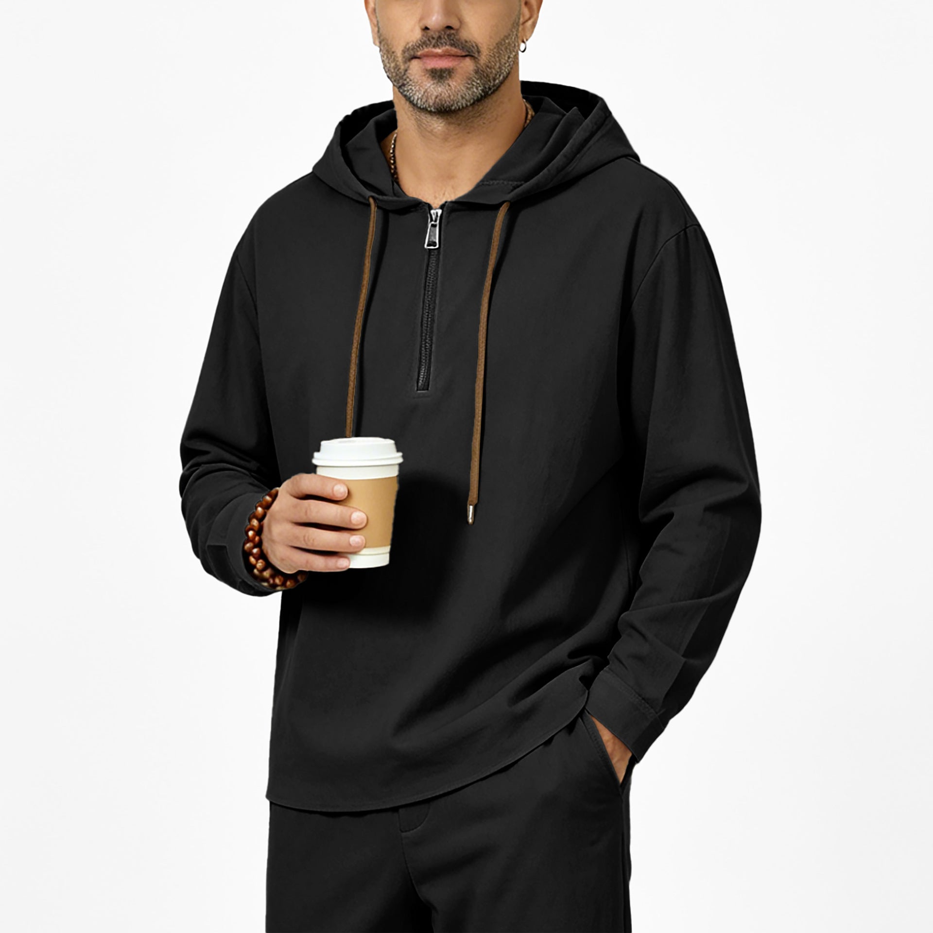 Men's hoodie with half zip, drawstring and rounded hem Chichicherry