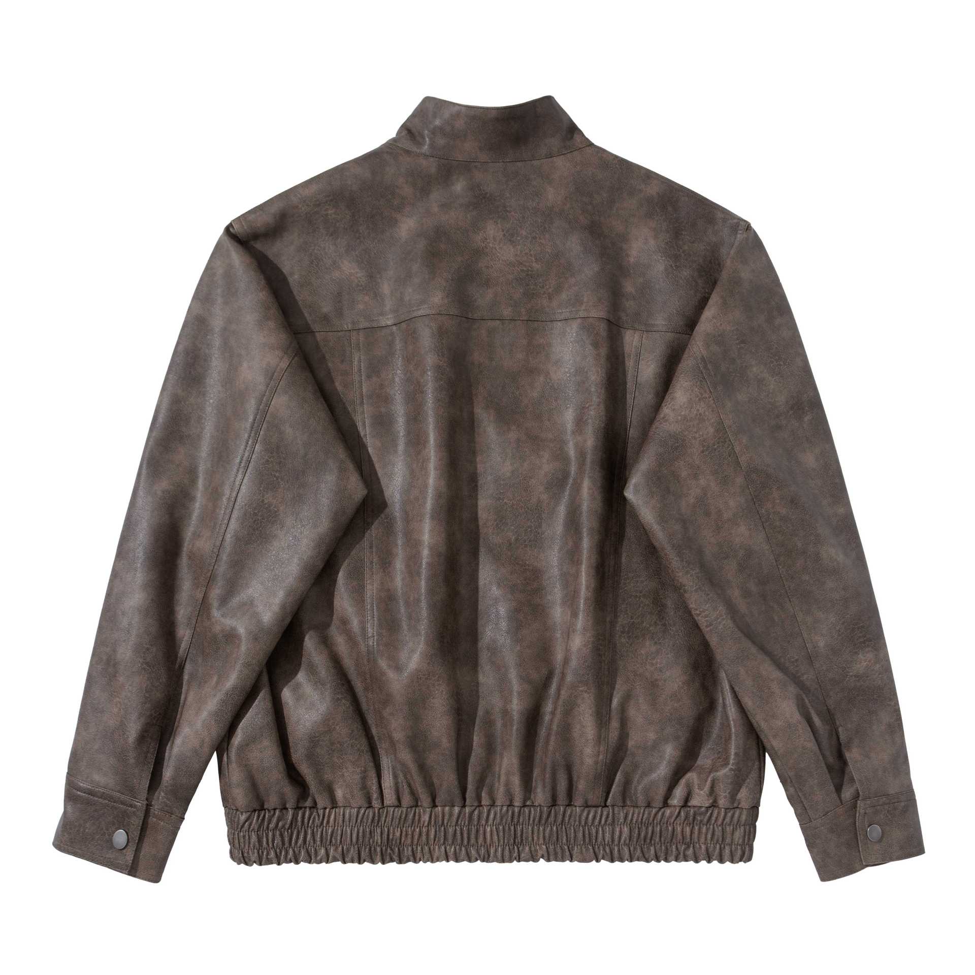 Men's vintage-inspired faux leather bomber jacket with funnel collar, flap pockets, and elastic hem Chichicherry