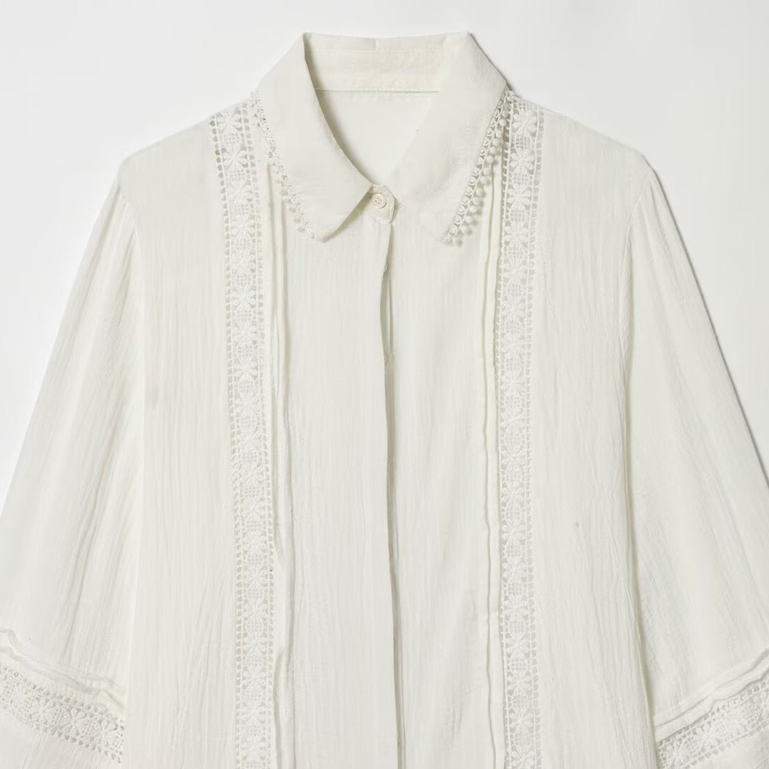 Ladies blouse with delicate lace appliqué, concealed button placket and balloon sleeves Chichicherry