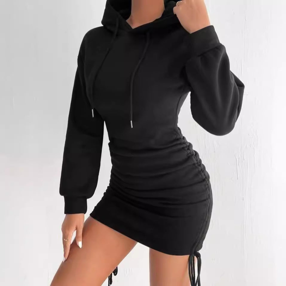 Damen Kapuzenkleid im Sweatshirt‑Stil mit gerafftem Minirock und Kordelzügen Chichicherry