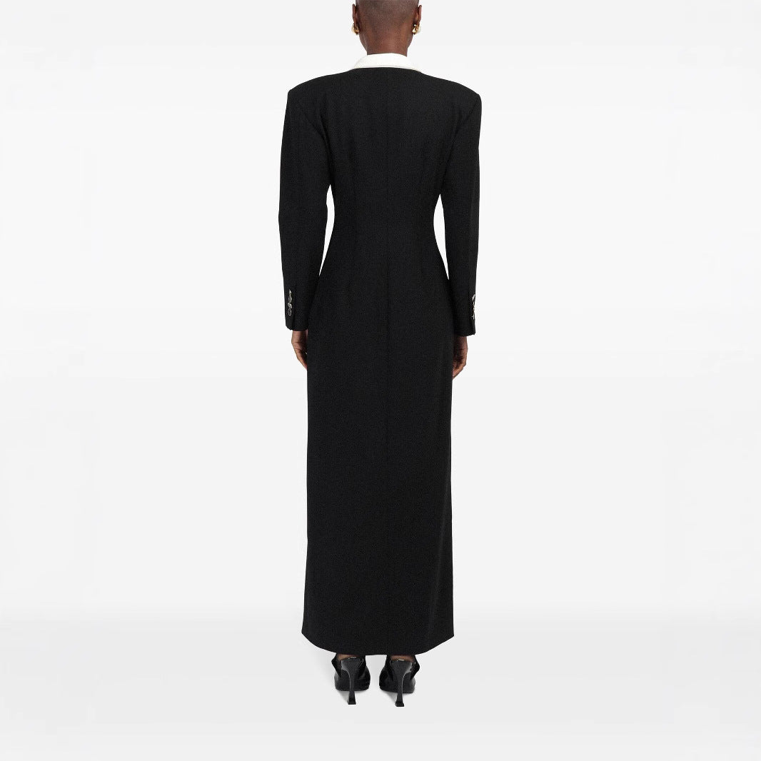 Women's Double-Breasted Long Blazer Dress with Tailored Silhouette and Contrast Lapels Chichicherry