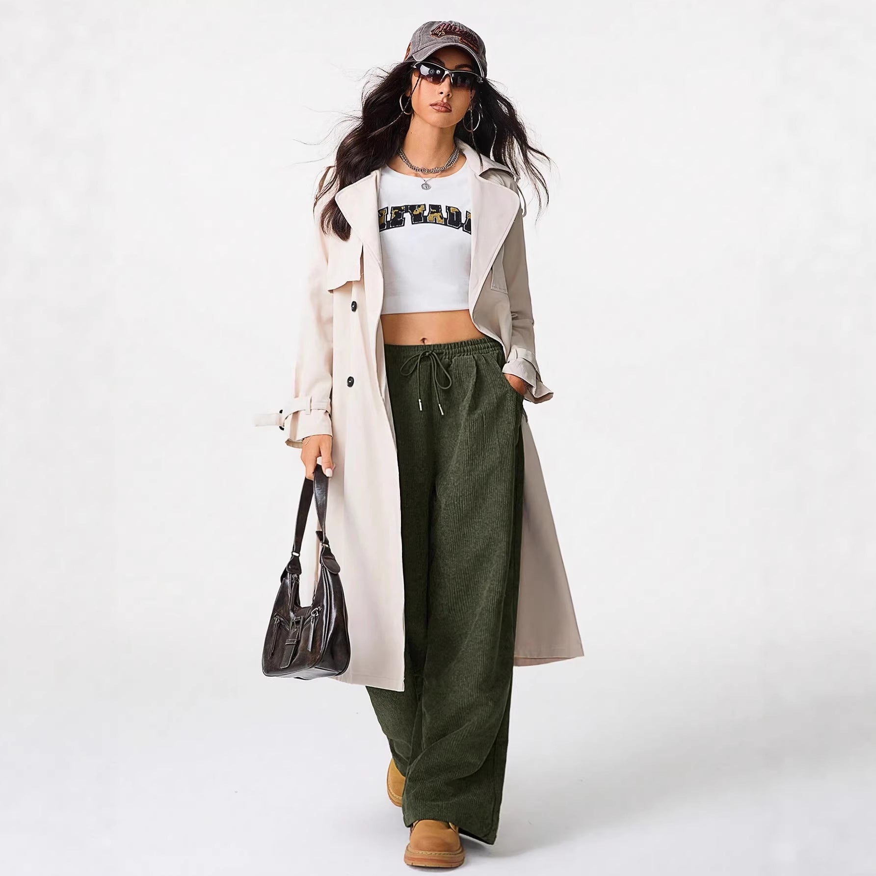Women's Loose Cord Pants with Elastic Waistband, Drawstring, and Side Pockets Chichicherry