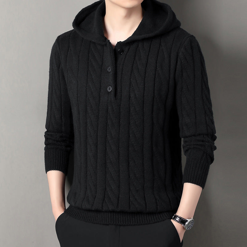 Men's fine knit hoodie with cable pattern, half placket and drawstring Chichicherry