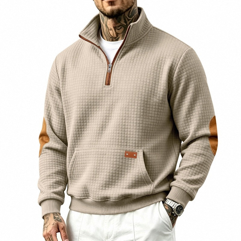 Men's waffle texture fleece pullover with stand-up collar, kangaroo pocket and contrast trim Chichicherry