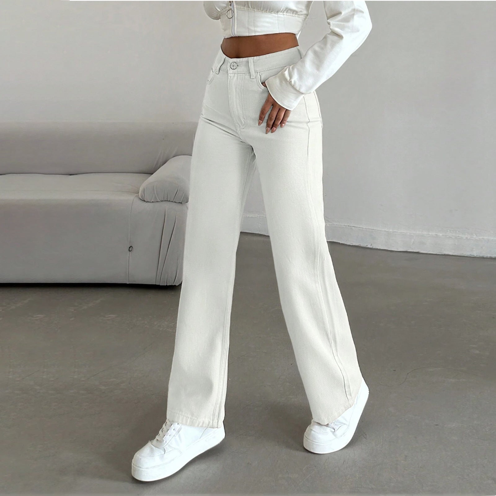 Women's High-Waisted Wide Five-Pocket Pants Made of Stretch Denim with Flared Leg Chichicherry