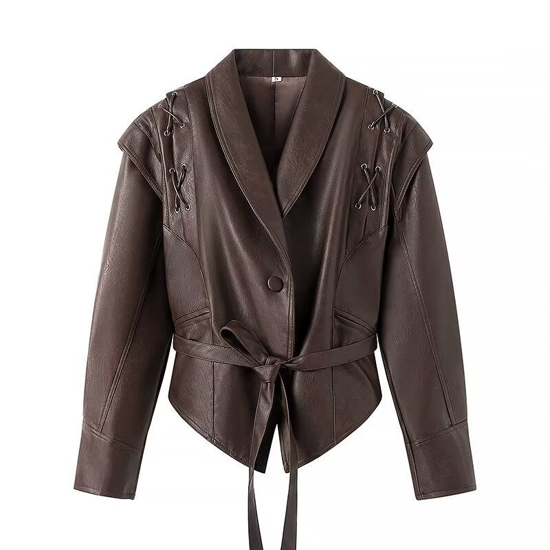Women's Wrap Leather Jacket with Waist Belt, Emphasized Shoulder Area and Feminine Silhouette Chichicherry