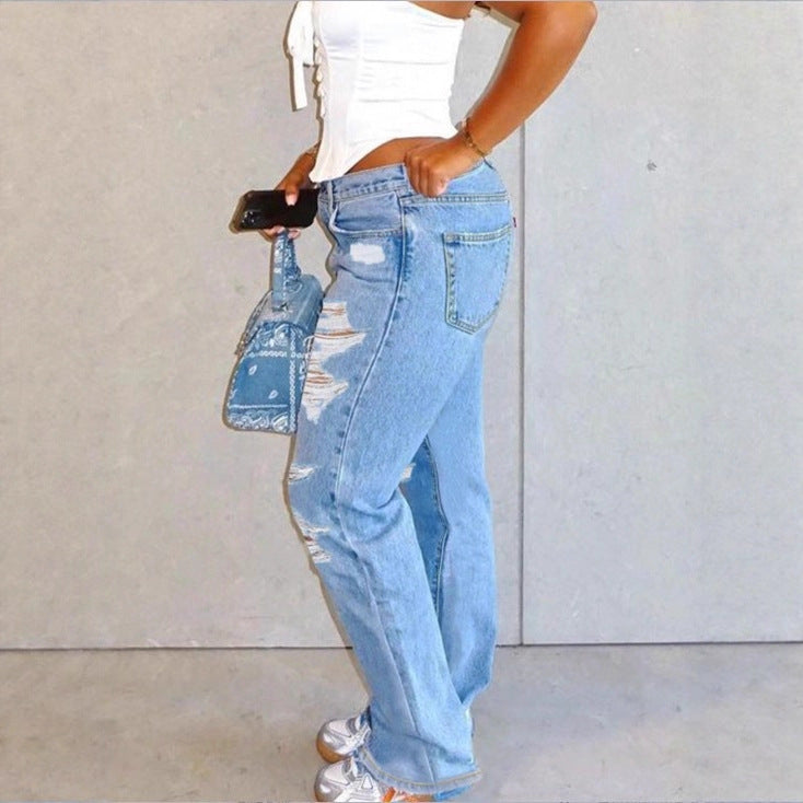Women High-Waisted Relaxed-Fit Straight Jeans with pronounced Destroyed Details Chichicherry