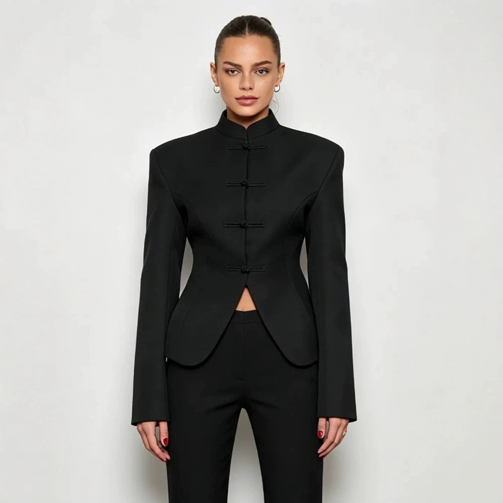 Women's Sculpted Blazer with Stand Collar, Decorative Knot Closures and Tailored Silhouette Chichicherry