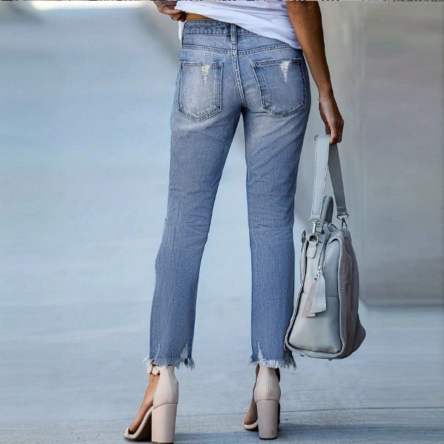 Ladies Casual Cropped Jeans with Distressed Destroy Design, High Waist and Asymmetrical Fringed Hem Chichicherry