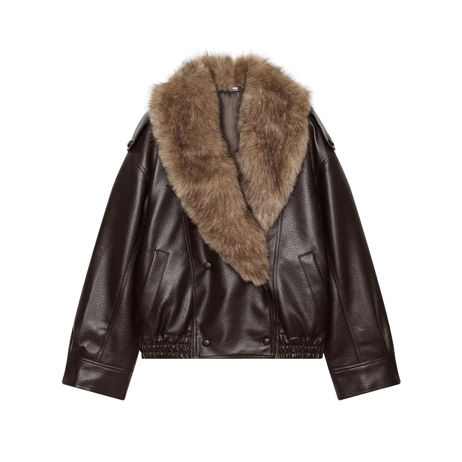 Women's Short Cut Biker Leather Jacket with Voluminous Faux Fur Shawl Collar Chichicherry