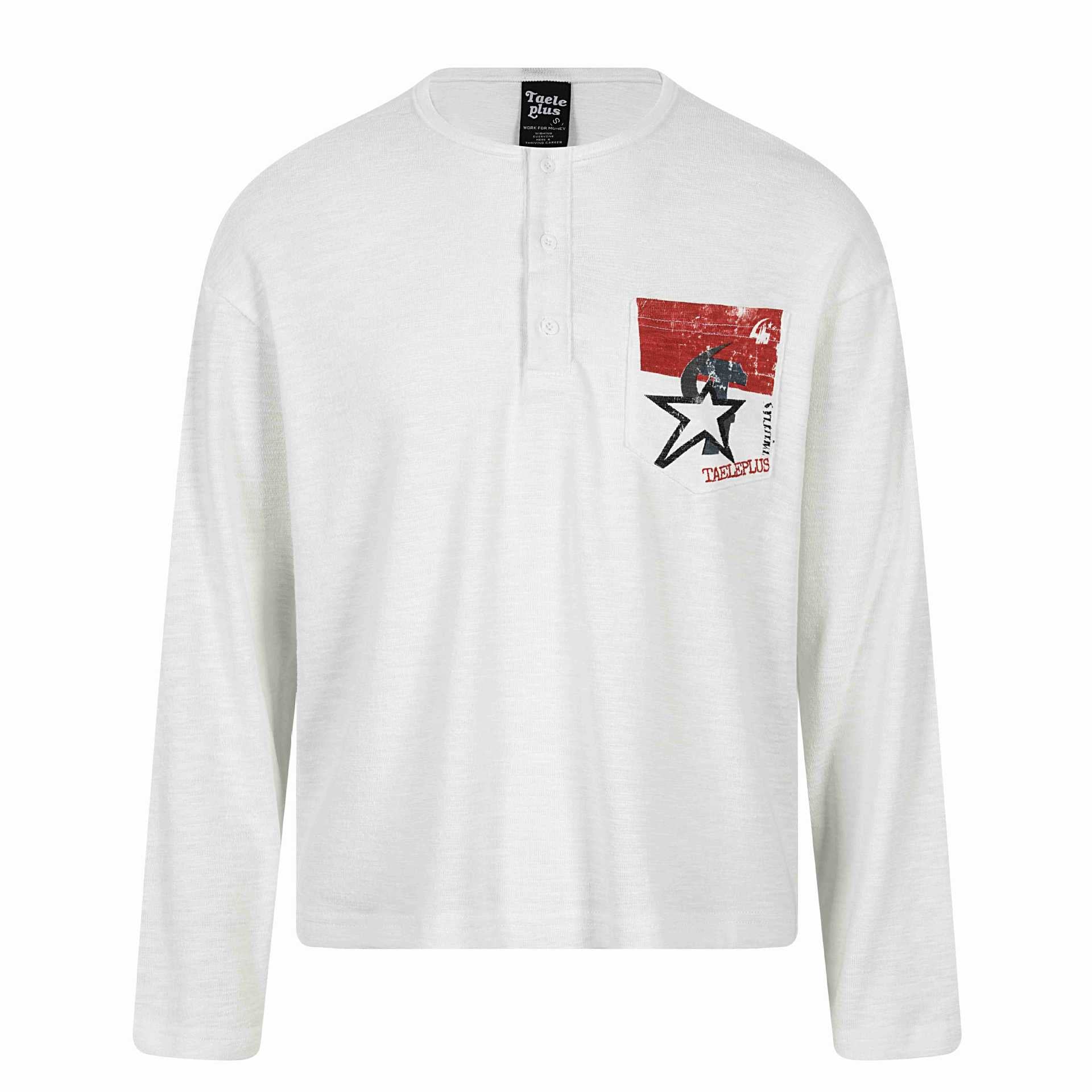 Unisex Long Sleeve Henley Shirt with Chest Pocket and Vintage Print Chichicherry