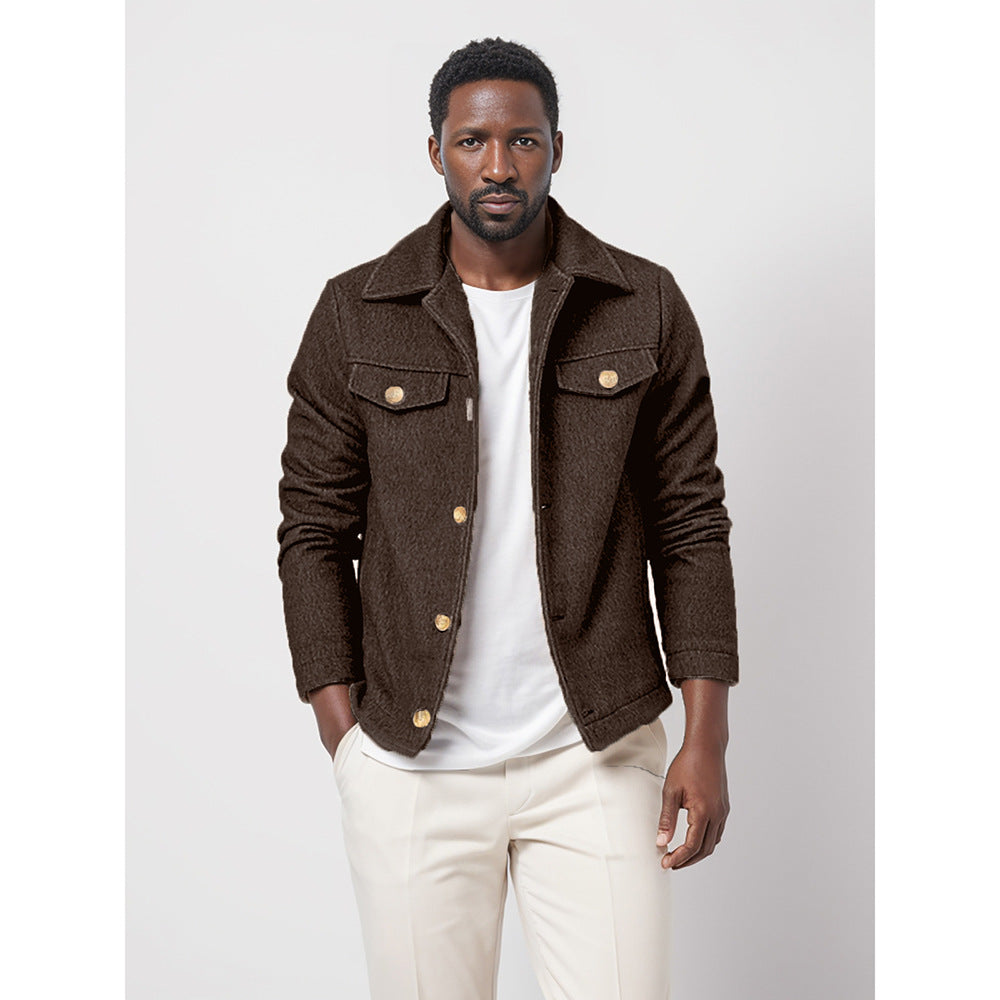 Men's Boucle Work Jacket with Shirt Collar, Chest Flap Pockets and Metal Buttons Chichicherry