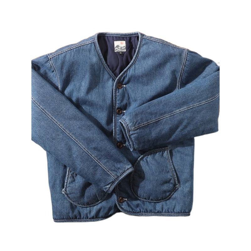 Herren Gefütterte Denim-Utility-Jacke ohne Kragen mit Knopfverschluss und runden Pattentaschen Chichicherry