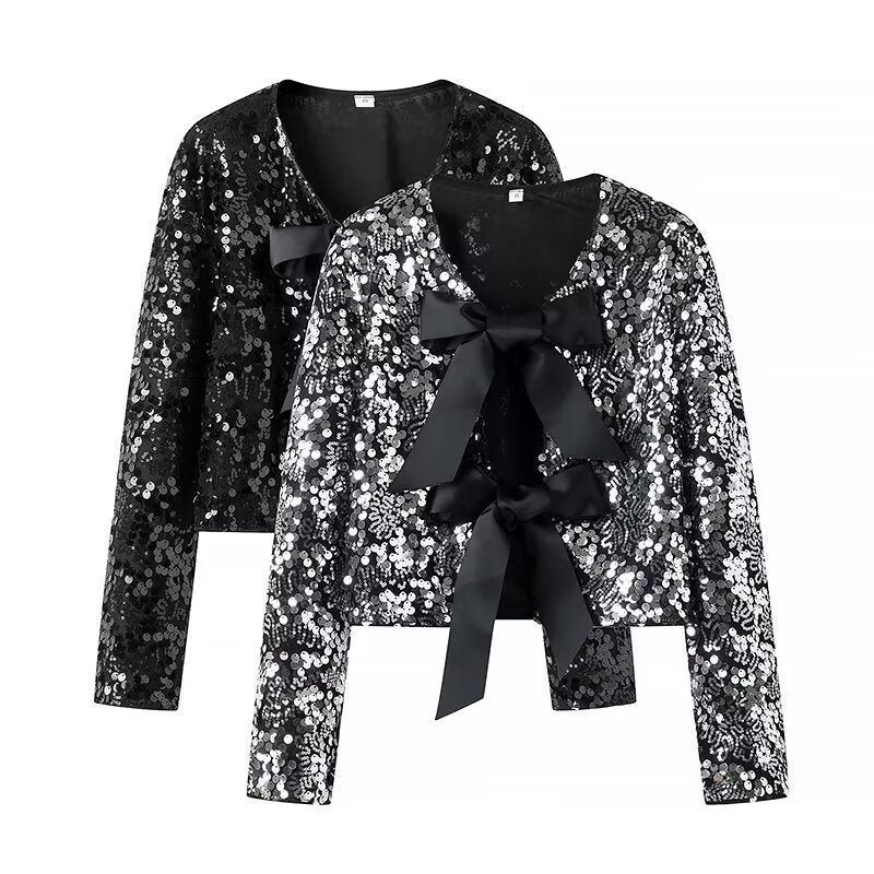 Women’s Short Jacket with Sequin Trim and Decorative Bow Front Chichicherry