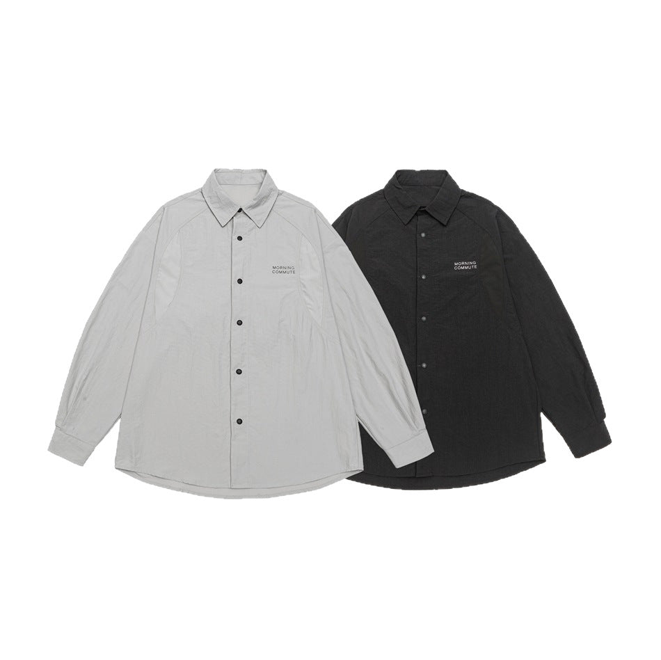 Unisex Relaxed Coach Shirt Jacket with Kent Collar, Snap Button Placket and Minimal Chest Print Chichicherry