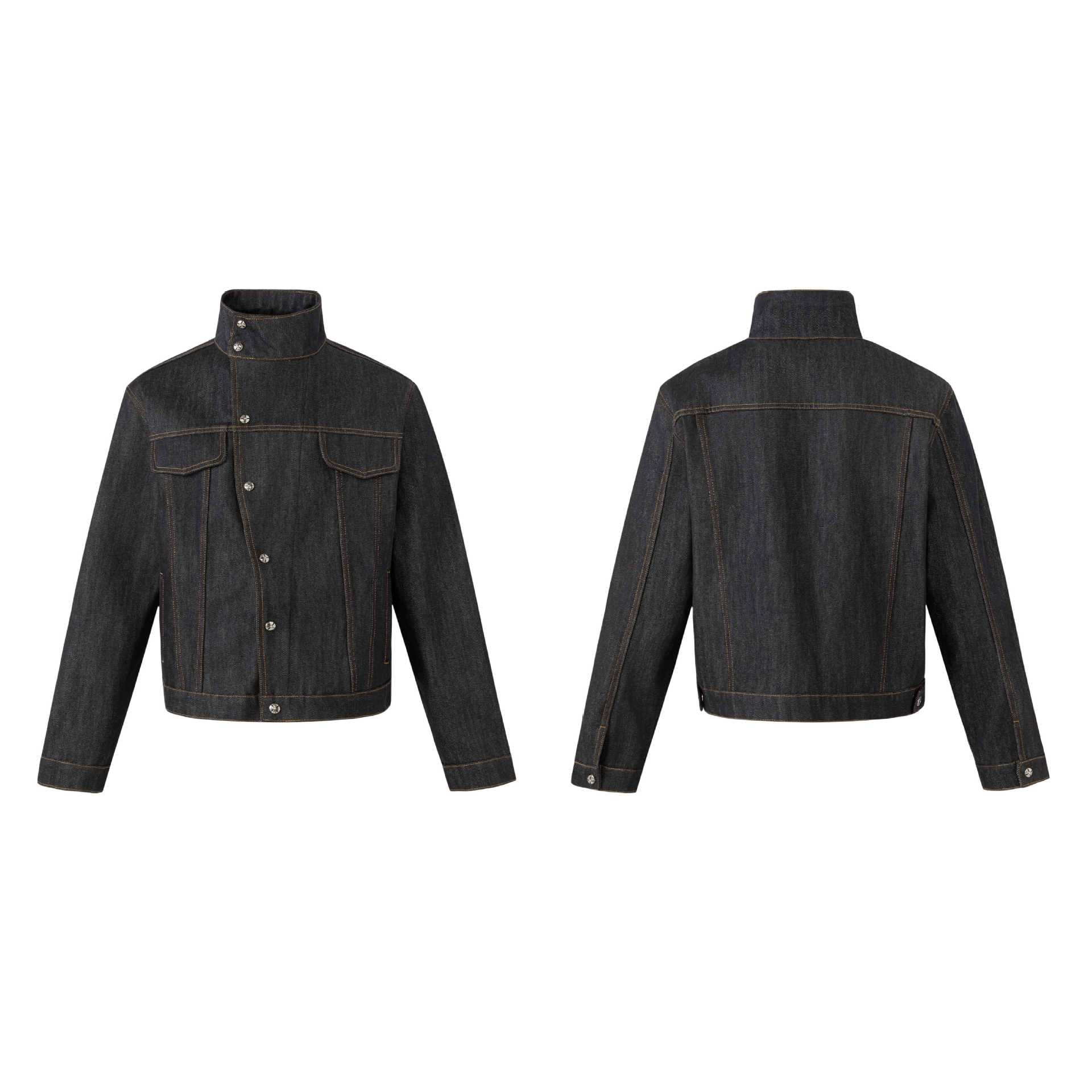 Unisex Short Cut Denim Jacket with High Stand-Up Collar and Decorative Seams Chichicherry