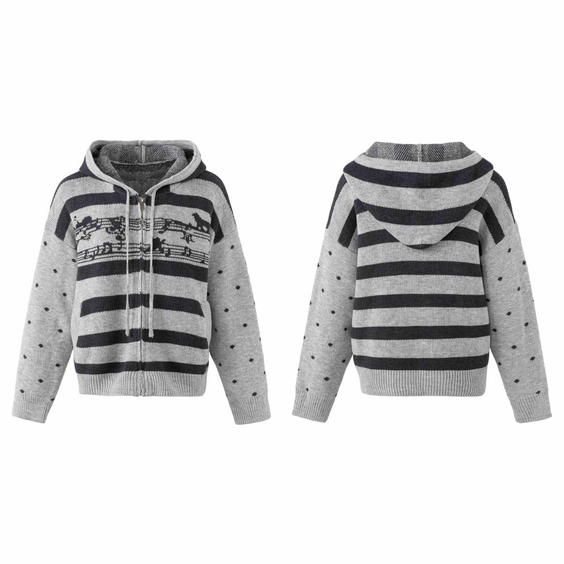 Women's chunky knit hoodie zip jacket with musical jacquard pattern Chichicherry