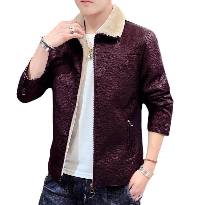 Men's slim-fitting faux leather bomber jacket with textured finish and teddy collar Chichicherry