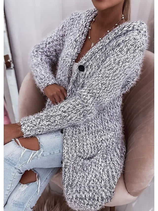Women Longer Mélange Cozy Cardigan with Hood, Horn Button and Pockets Chichicherry