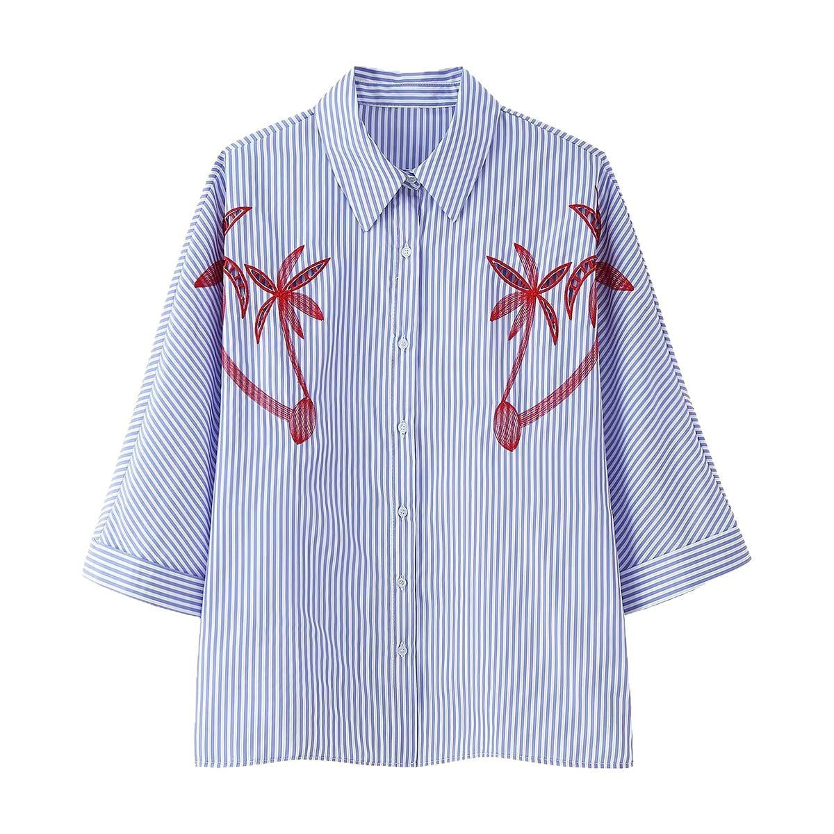Women Oversized Shirt Blouse with Pinstripes, Palm Embroidery and Three-Quarter Sleeves Chichicherry