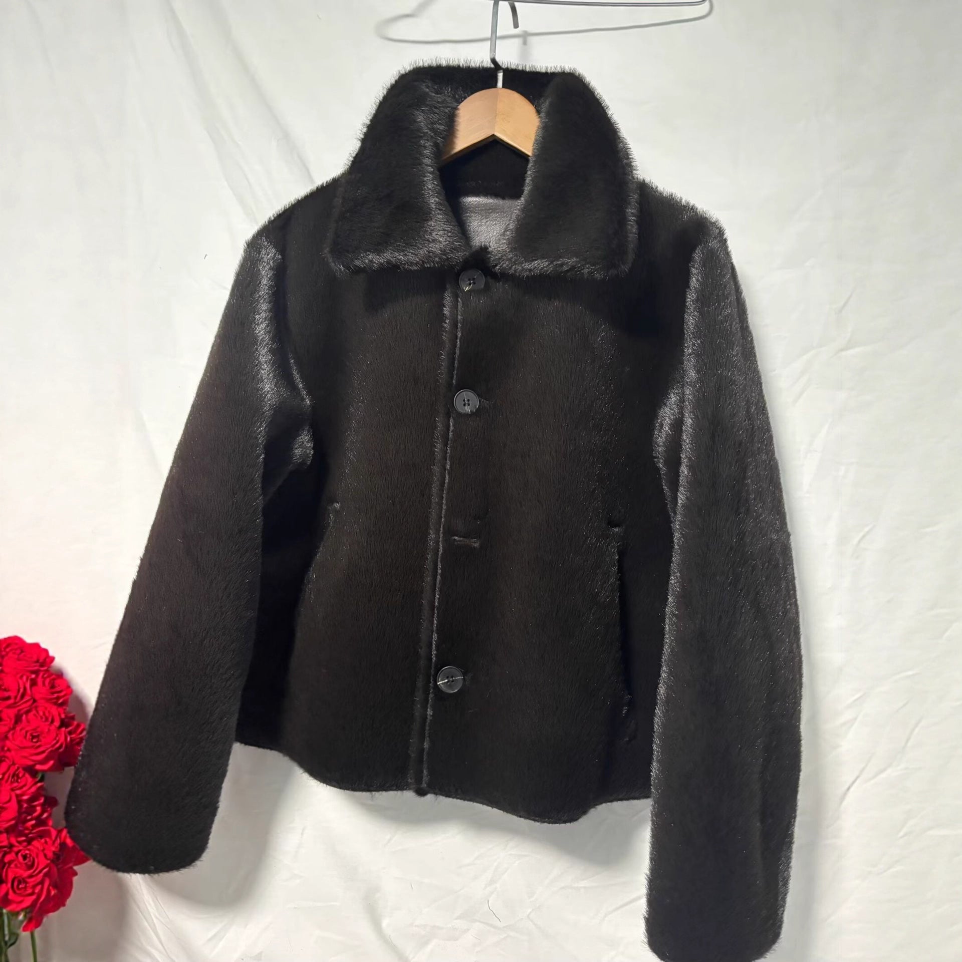 Women Boxy Faux Leather Jacket with Faux Fur Collar, Lambswool Imitation Lining and Button Closure Chichicherry