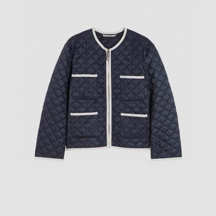 Women Lightly Quilted Short Jacket without Collar with Contrast Piping and Full-Length Zipper Chichicherry