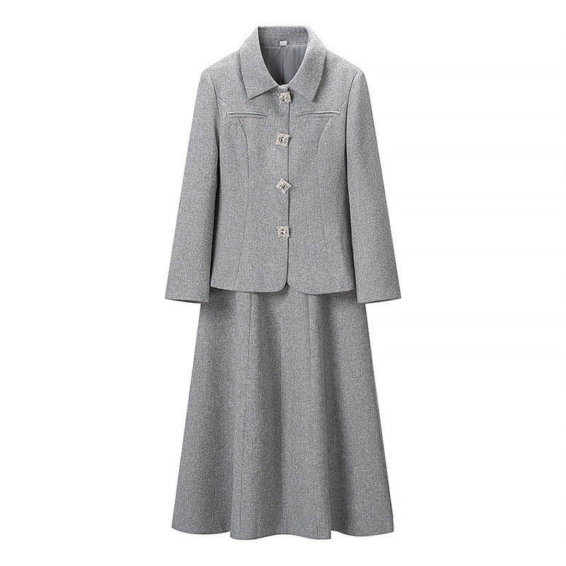 Women Two-Piece Suit made of Wool Blend with Tailored Short Blazer and Flared Midi Skirt Chichicherry