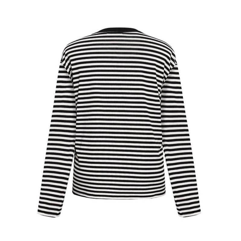 Women's Striped Long Sleeve Henley Shirt with Button Placket and Graphic Patches Chichicherry