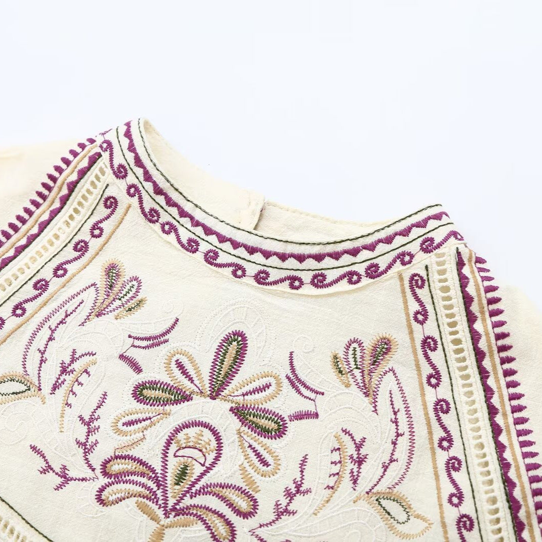 Women Embroidered Boho Blouse with Round Neck, Pleats and Lace Yoke Chichicherry