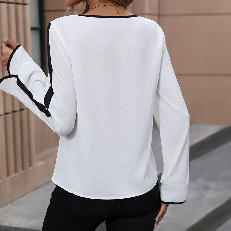 Women's Elegant Viscose Bow Blouse with Contrast Piping and Striped Sleeves Chichicherry