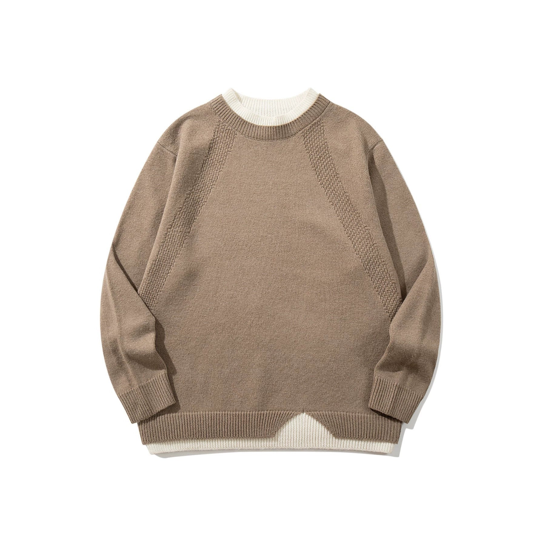 Women's Structured Rib and Waffle Knit Round Neck Sweater with Layered Hem Chichicherry