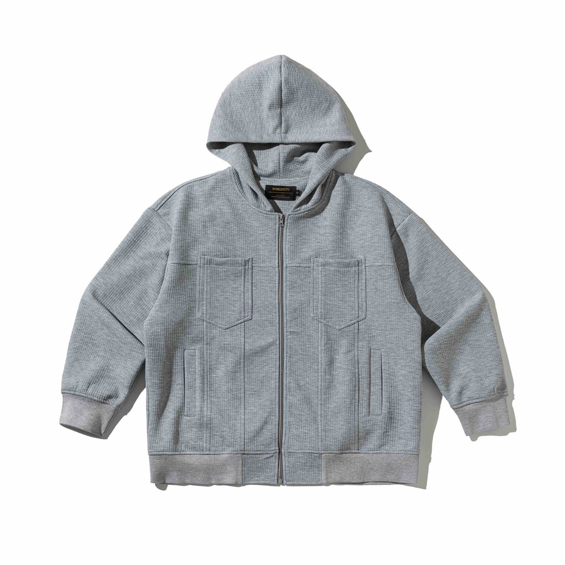 Unisex Textured Hooded Zip Jacket with Waffle Structure and Front Pockets Chichicherry