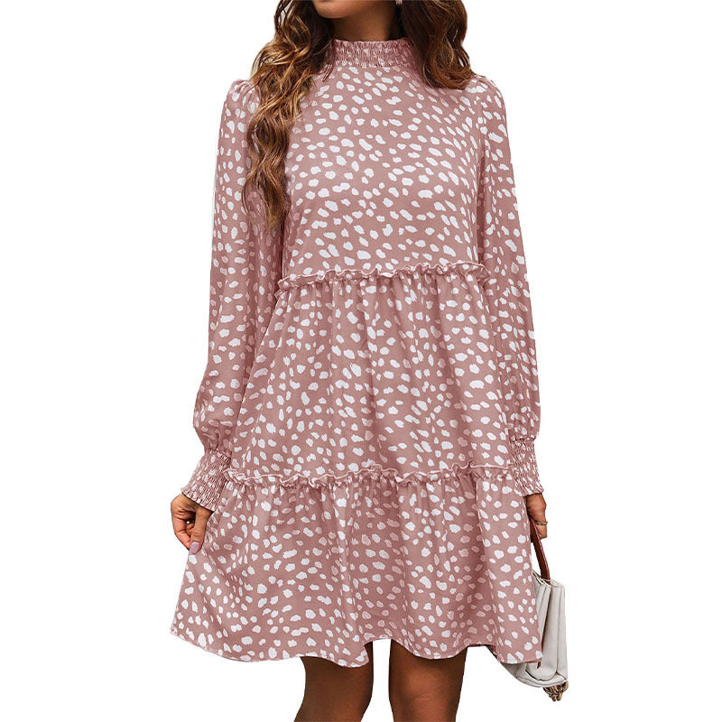 Women's Tiered Babydoll Midi Dress with Smocked Collar, Ruffle Layers and Gathered Cuffs
