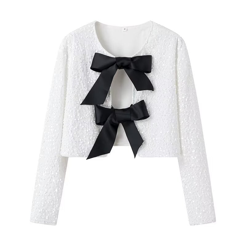 Ladies Short Sequin Jacket with Decorative Bows, Round Neckline and Long Sleeves Chichicherry