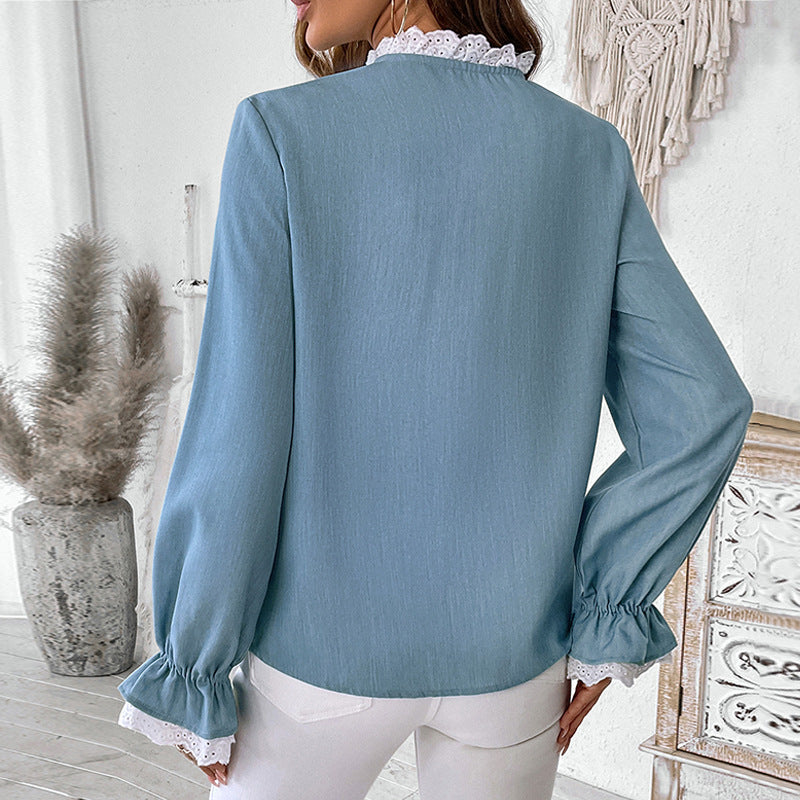 Women's Loose-Fitting Viscose Blouse with Lace Trim and Stand-Up Collar Chichicherry