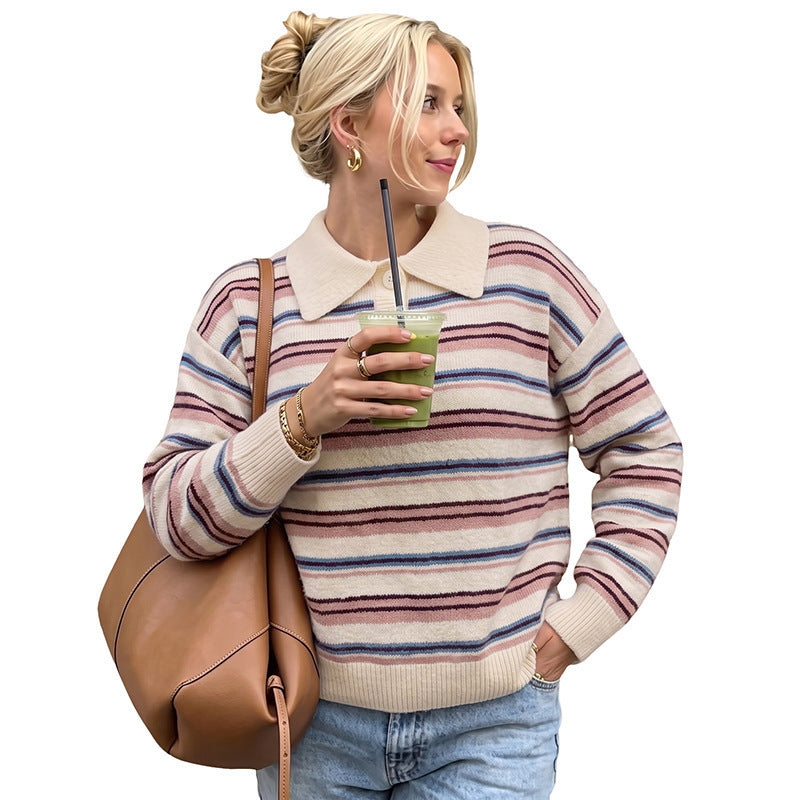 Women's Striped Polo Collar Knit Sweater with Relaxed Fit Chichicherry