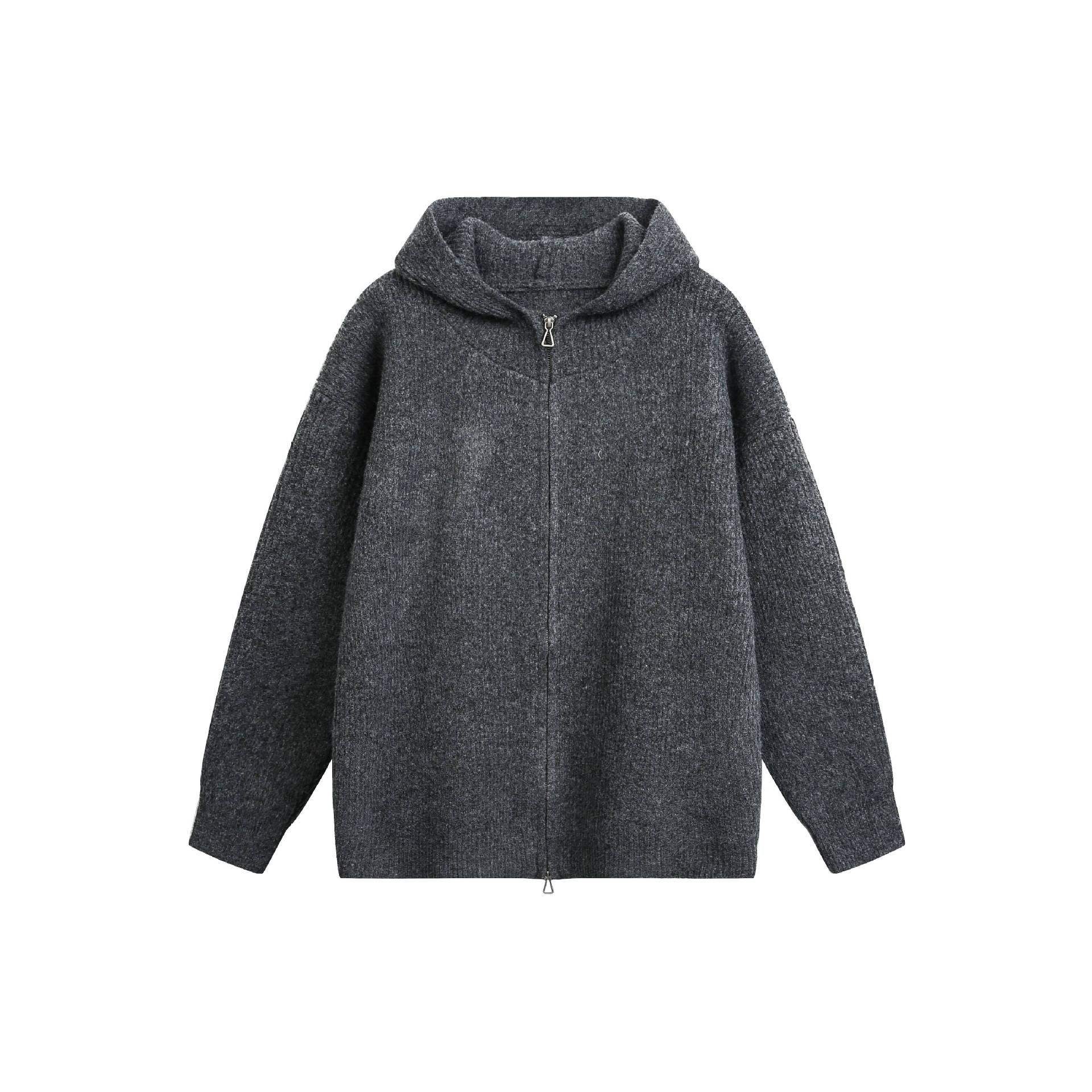 Women's Chunky Ribbed Hooded Zip Jacket with Stand-Up Collar and Two-Way Zipper Chichicherry
