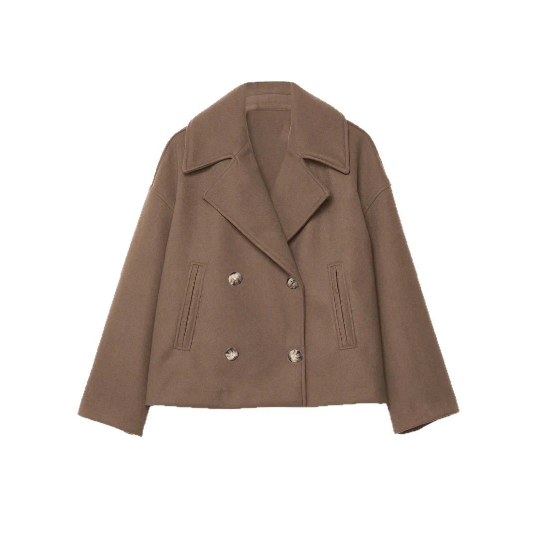 Women's Short Double-Breasted Wool Blend Coat with Oversized Lapels Chichicherry