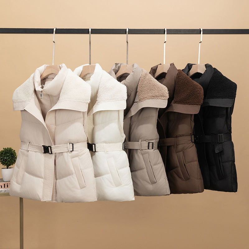 Women's non-padded quilted vest with knitted sleeves and teddy collar, tailored belt Chichicherry