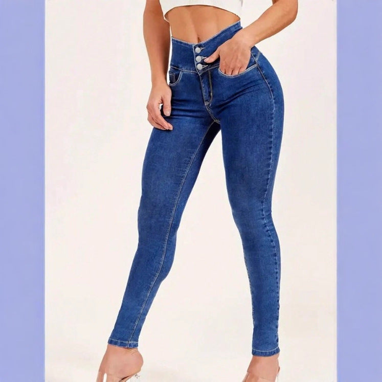 Women High-Waist Sculpting-Skinny-Jeans with waist-shaping V-waistband and double-button closure Chichicherry
