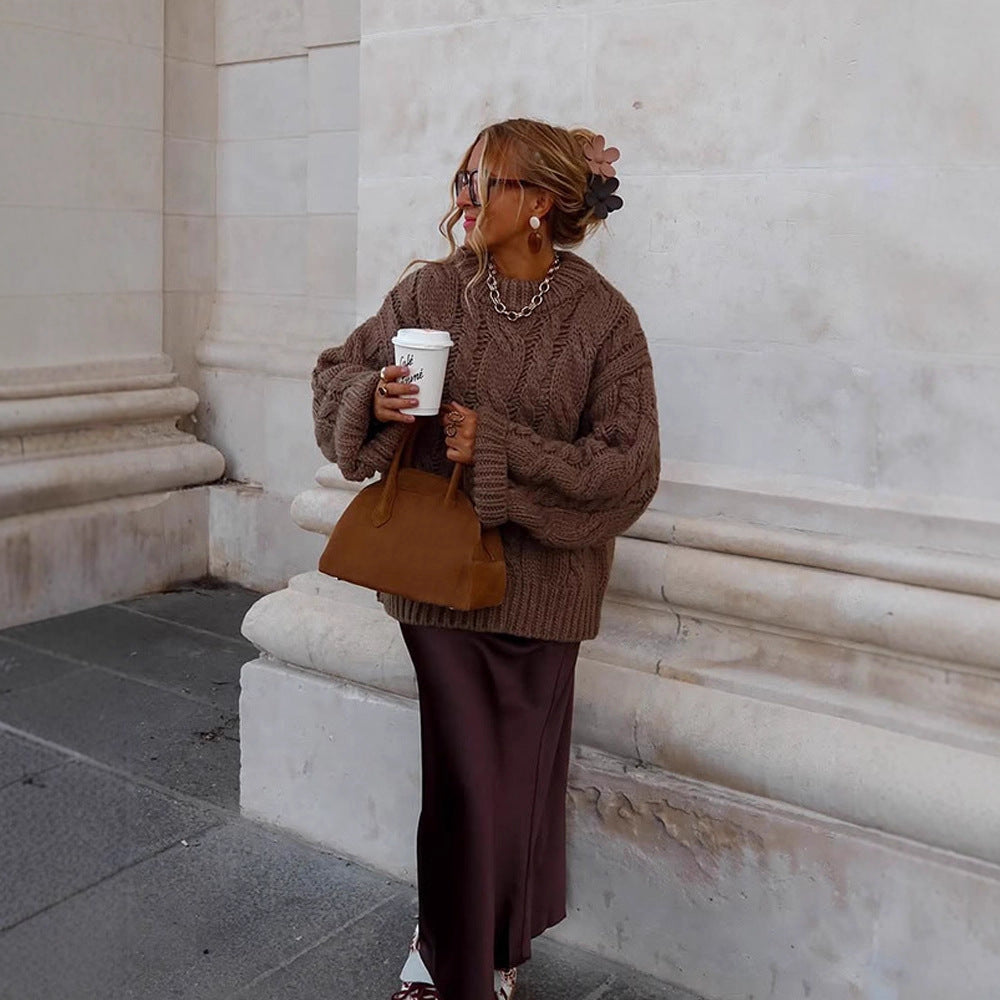 Women's Oversize Chunky Knit Sweater with Cable Knit, High Collar and Extended Sleeves Chichicherry