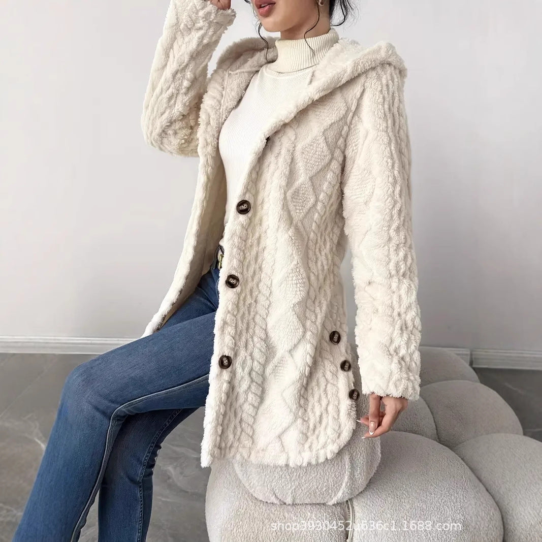 Women's Hooded Teddy Jacket with Button Placket and Structured Surface Chichicherry