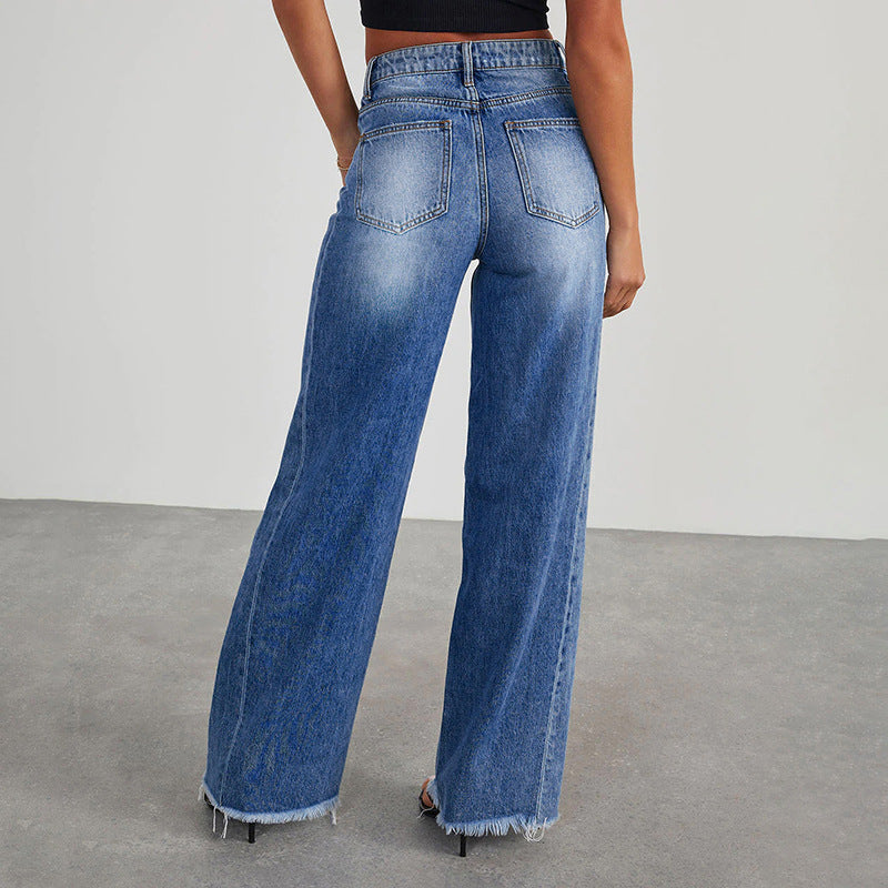 Women High-Waist Flared Jeans with Wide Leg and Frayed Hem Chichicherry