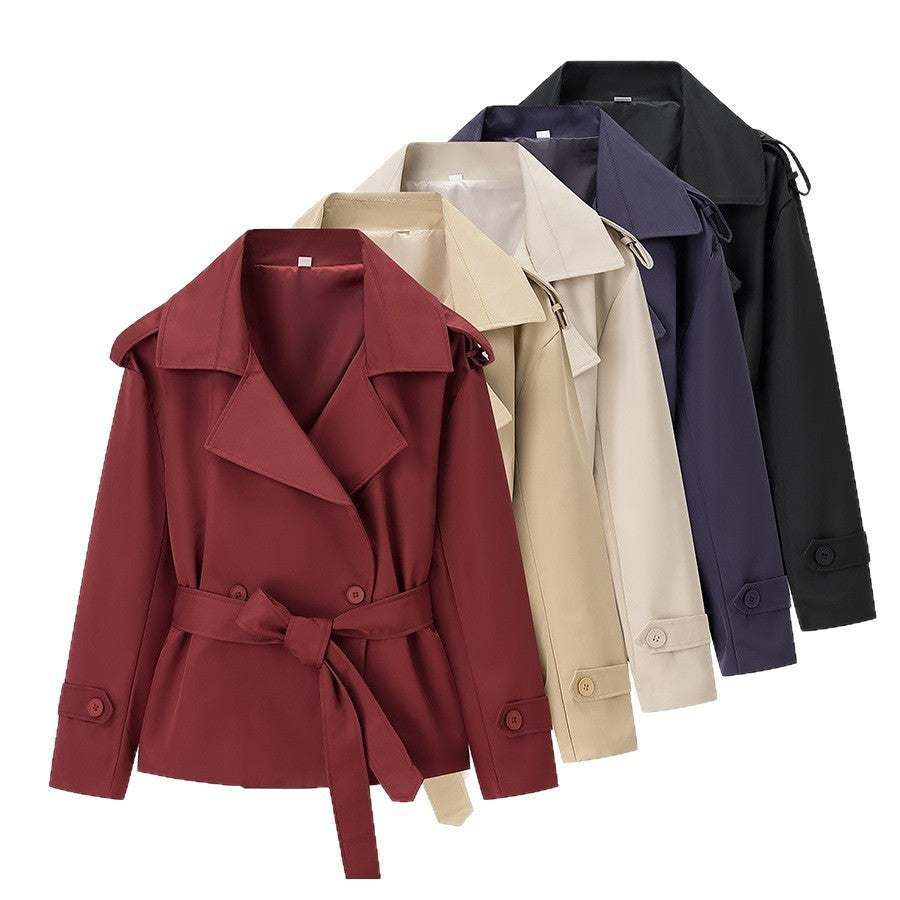 Women Tailored Short Trench Coat with Tie Belt and Epaulettes Chichicherry