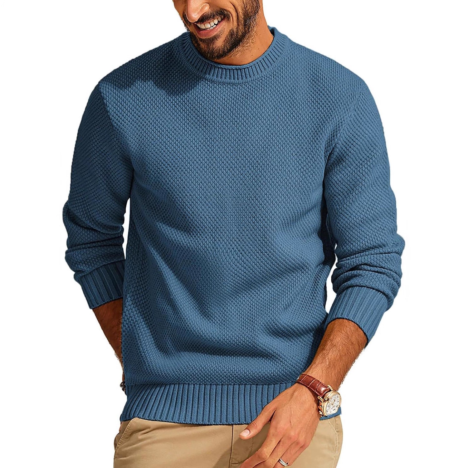 Men's Waffle Knit Sweater with Round Neck Chichicherry